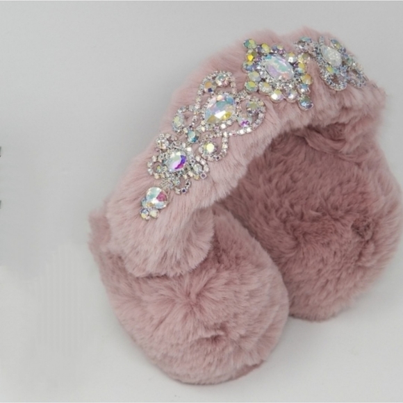 Blush Pink Faux Fur Crystal Embellished Earmuffs Earwarmers Rhinestone Headband - Picture 5 of 16